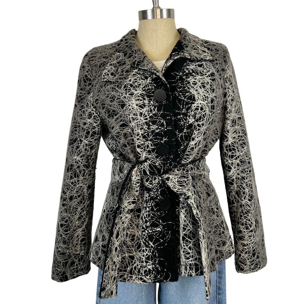 Vintage Bella Blue Goth Grunge Button Front Tie Waist Black Scribble Jacket M